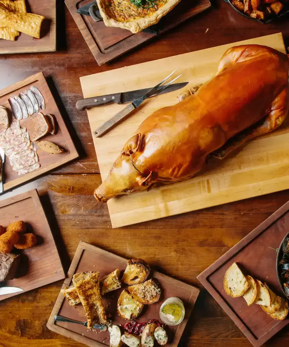 Overhead View of a full table at River Roast - mobile version